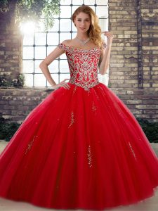 Sumptuous Sleeveless Floor Length Beading Lace Up Sweet 16 Dresses with Red