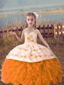 Delicate Orange Red Organza Lace Up Halter Top Sleeveless Floor Length Child Pageant Dress Beading and Embroidery and Ruffles
