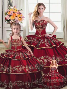Stylish Sleeveless Floor Length Embroidery and Ruffled Layers Lace Up Sweet 16 Dresses with Wine Red