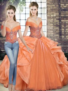 Orange Two Pieces Beading and Ruffles Vestidos de Quinceanera Lace Up Organza Sleeveless Floor Length