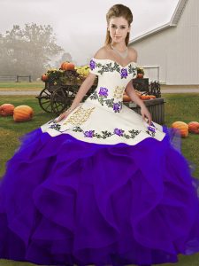 Amazing White And Purple Tulle Lace Up Vestidos de Quinceanera Sleeveless Floor Length Embroidery and Ruffles