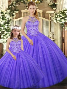 Ball Gowns 15 Quinceanera Dress Lavender Halter Top Tulle Sleeveless Floor Length Lace Up