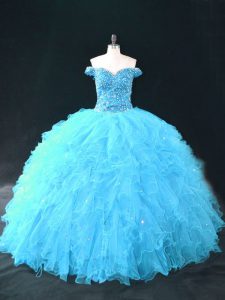 Beauteous Aqua Blue Tulle Lace Up Off The Shoulder Sleeveless Floor Length Sweet 16 Dress Beading and Ruffles