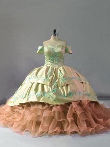 Great Multi-color Organza Lace Up Quince Ball Gowns Sleeveless Chapel Train Embroidery and Ruffles