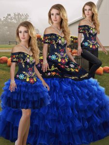 Off The Shoulder Sleeveless Vestidos de Quinceanera Floor Length Embroidery and Ruffled Layers Blue And Black Organza