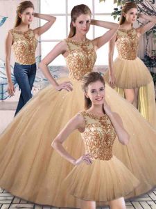 Sleeveless Floor Length Beading Lace Up Ball Gown Prom Dress with Gold