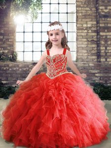 Decent Floor Length Lace Up Little Girl Pageant Dress Red for Party and Wedding Party with Beading and Ruffles