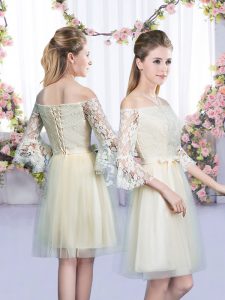 3 4 Length Sleeve Mini Length Lace and Bowknot Lace Up Vestidos de Damas with Champagne