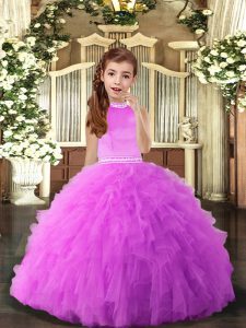 Affordable Floor Length Backless Little Girl Pageant Gowns Lilac for Party and Sweet 16 and Wedding Party with Beading and Ruffles