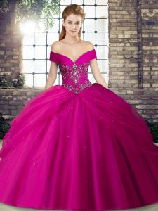 Attractive Fuchsia Tulle Lace Up Off The Shoulder Sleeveless Quince Ball Gowns Brush Train Beading and Pick Ups