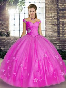 Tulle Off The Shoulder Sleeveless Lace Up Beading and Appliques 15 Quinceanera Dress in Lilac