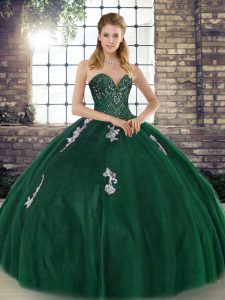 Sweetheart Sleeveless Ball Gown Prom Dress Floor Length Beading and Appliques Green Tulle