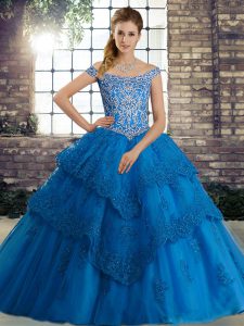 Fashionable Sleeveless Tulle Brush Train Lace Up Quinceanera Gowns in Blue with Beading and Lace