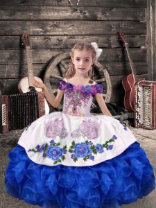 Royal Blue Off The Shoulder Neckline Beading and Embroidery and Ruffles Little Girl Pageant Dress Sleeveless Lace Up