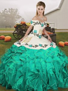 Turquoise Lace Up Off The Shoulder Embroidery and Ruffles Quinceanera Dresses Organza Sleeveless