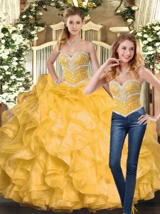 Spectacular Sleeveless Organza Floor Length Lace Up Sweet 16 Dress in Gold with Beading and Ruffles