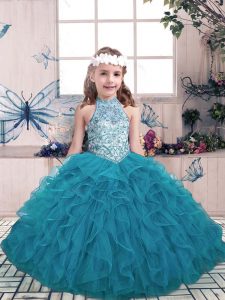 Modern Teal Ball Gowns Beading and Ruffles Little Girls Pageant Gowns Lace Up Tulle Sleeveless Floor Length