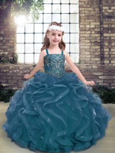 Adorable Floor Length Blue Girls Pageant Dresses Tulle Sleeveless Beading and Ruffles