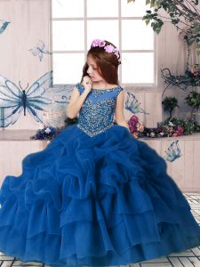 Stunning Floor Length Blue Pageant Dress for Girls Scoop Sleeveless Zipper