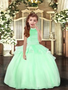 High Class Apple Green Organza Backless Halter Top Sleeveless Floor Length Little Girls Pageant Dress Wholesale Beading