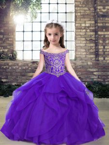 Purple Lace Up Scoop Beading Little Girl Pageant Dress Organza Sleeveless