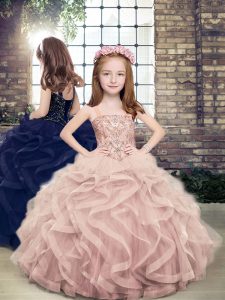 Sleeveless Tulle Floor Length Lace Up Pageant Gowns For Girls in Pink with Beading and Ruffles