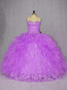 Purple Ball Gowns Sweetheart Sleeveless Organza Floor Length Lace Up Appliques and Ruffles 15 Quinceanera Dress