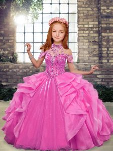 Sleeveless Floor Length Beading and Ruffles Lace Up Kids Pageant Dress with Rose Pink