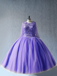 Scoop Long Sleeves Tulle Quinceanera Dress Beading Lace Up