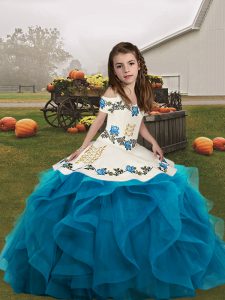 Modest Floor Length Ball Gowns Sleeveless Blue Winning Pageant Gowns Lace Up