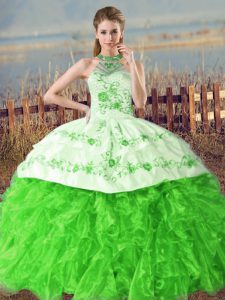 Most Popular Organza Lace Up Quinceanera Gowns Sleeveless Court Train Embroidery and Ruffles