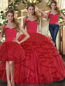 Red Tulle Lace Up Quinceanera Gown Sleeveless Floor Length Ruffles