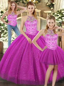 Perfect Fuchsia Three Pieces Beading 15th Birthday Dress Lace Up Tulle Sleeveless Floor Length
