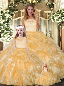 Gold Sleeveless Lace and Ruffles Floor Length Quinceanera Dresses