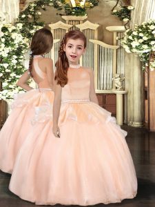 Floor Length Peach Little Girl Pageant Dress Organza Sleeveless Beading
