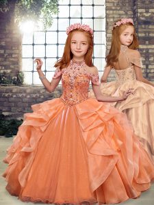 Popular Orange Ball Gowns Beading and Ruffles Child Pageant Dress Lace Up Organza Sleeveless Floor Length