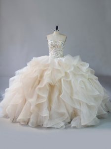 Customized Champagne Sweetheart Neckline Beading and Ruffles Vestidos de Quinceanera Sleeveless Lace Up
