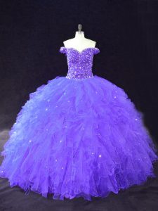 Suitable Off The Shoulder Sleeveless Lace Up Ball Gown Prom Dress Purple Tulle