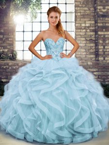 Cute Sleeveless Tulle Floor Length Lace Up Quinceanera Dresses in Light Blue with Beading and Ruffles