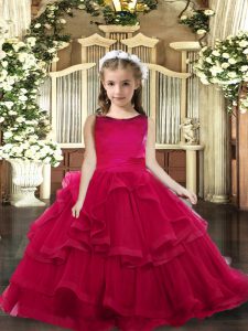 Red Tulle Lace Up Little Girls Pageant Gowns Sleeveless Floor Length Ruffled Layers