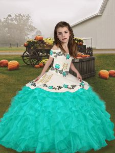 Luxury Turquoise Lace Up Girls Pageant Dresses Embroidery and Ruffles Long Sleeves Floor Length