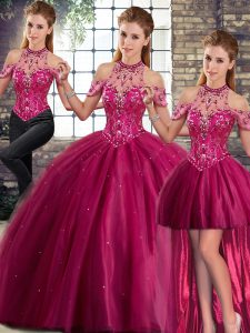 Fuchsia Lace Up Quinceanera Gown Beading Sleeveless Brush Train