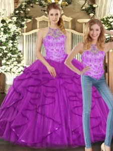 Purple Ball Gowns Beading and Ruffles Vestidos de Quinceanera Lace Up Tulle Sleeveless Floor Length