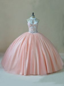 Sleeveless Floor Length Beading and Lace Lace Up Quinceanera Dresses with Peach