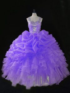 Floor Length Zipper 15th Birthday Dress Lavender for Sweet 16 and Quinceanera with Beading and Ruffles and Pick Ups