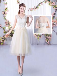 Custom Designed Champagne Quinceanera Dama Dress Wedding Party with Lace V-neck Sleeveless Lace Up