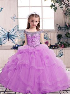 Lilac Off The Shoulder Neckline Beading Pageant Dress Toddler Sleeveless Lace Up