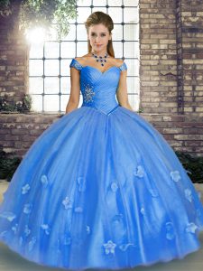 Elegant Baby Blue Lace Up Off The Shoulder Beading and Appliques Quinceanera Gowns Tulle Sleeveless