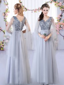 Custom Designed Grey Sleeveless Tulle Lace Up Court Dresses for Sweet 16 for Wedding Party