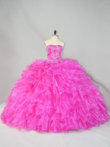 Decent Hot Pink Ball Gowns Strapless Sleeveless Organza Court Train Lace Up Beading and Ruffles 15 Quinceanera Dress